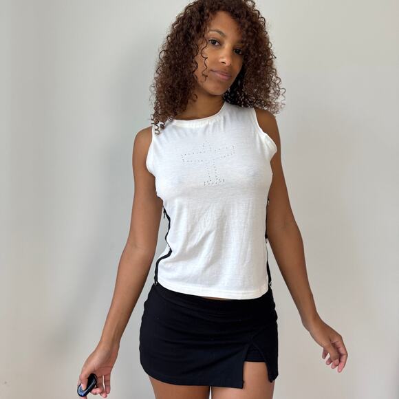 Vintage euro White Tank with Rhinestone Airplane & D-Ring Side Straps (S/M) - Picture 3 of 10